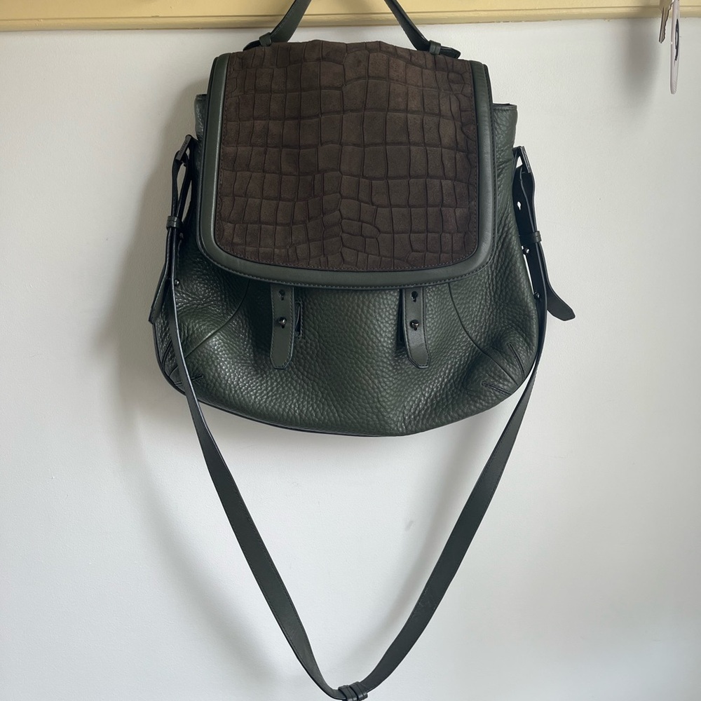 Mackage Carrie Dark Green Leather Crossbody with Brown Suede Flap